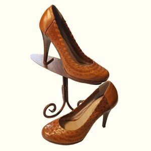 ANDREW GELLER Heels Knot Woven Mahogany Leather 4" sz 6M‎